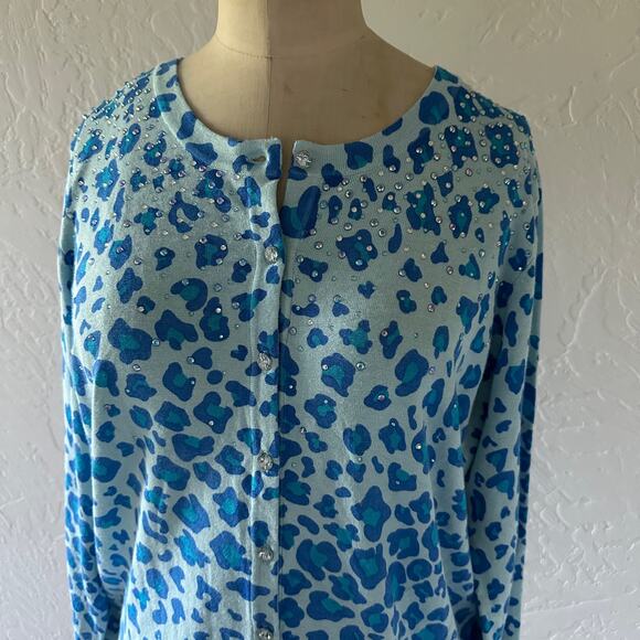 QUACKER FACTORY | Blue Animal Print Cardigan NEW Medium Bling Button Sweater - Picture 4 of 9